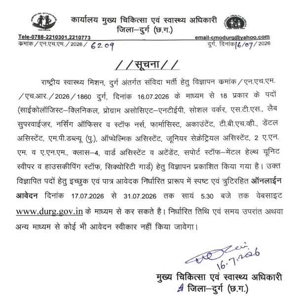 CG NHM Durg Recruitment 2026: दुर्ग स्वास्थ्य विभाग में 107 पदों पर भर्ती 3 CG NHM Durg Recruitment 2026
