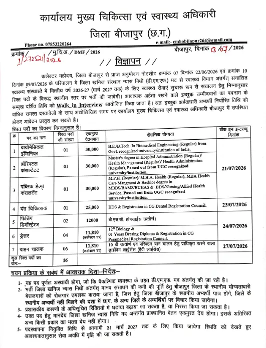 CMHO Bijapur Recruitment 2026: बीजापुर CMHO वॉक-इन-इंटरव्यू 16 पदों पर सीधी भर्ती 2026 3 CMHO Bijapur Recruitment 2026
